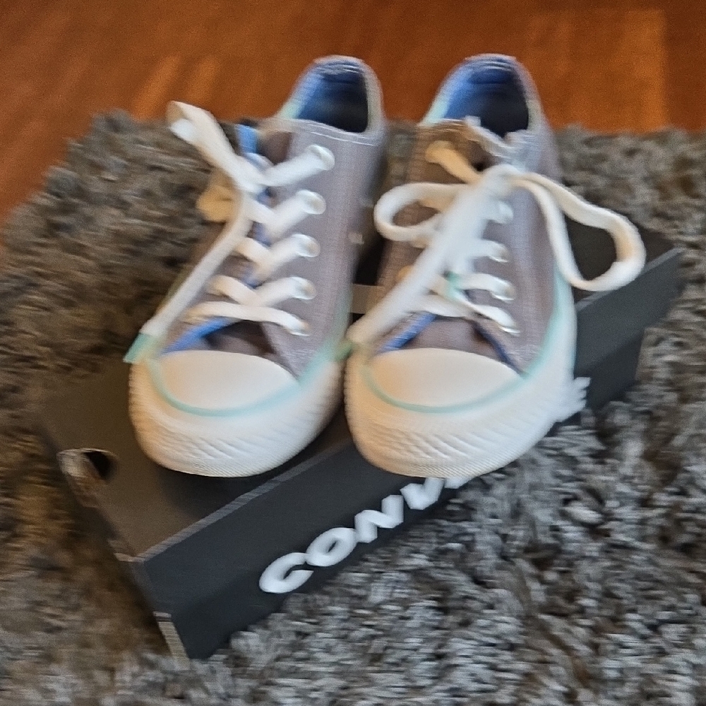 Converse Kids Low Top Canvas Sneakers in Light Gray with White and Teal Accents